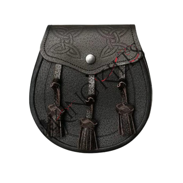 Celtic Interweave Knotted Tassel Black Leather Sporran