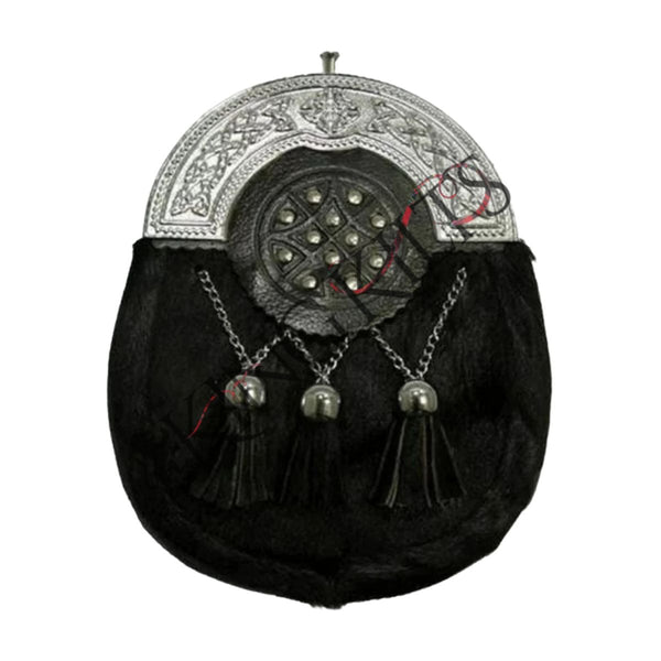 Studded Targe Chrome Plain Celtic Black Calfskin Sporran
