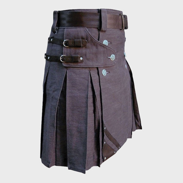 Heavy Duty Denim Kilt with Leather Strips