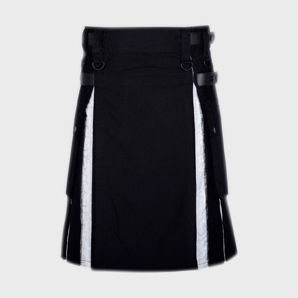 Hybrid Black Cotton Gothic Kilt Skirt with White Brocade
